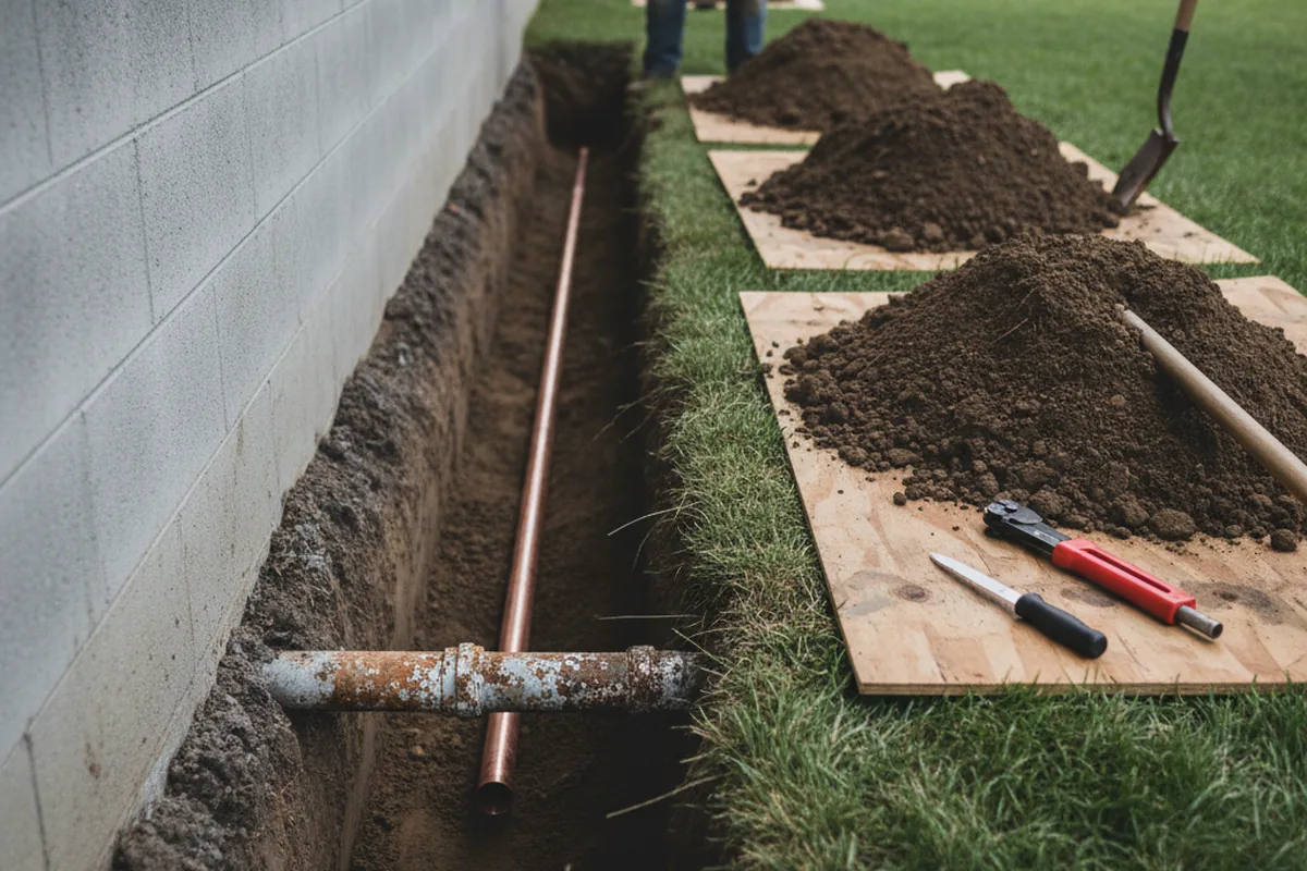 Excavated water line trench during Sewer Line Repair in North Chatham
